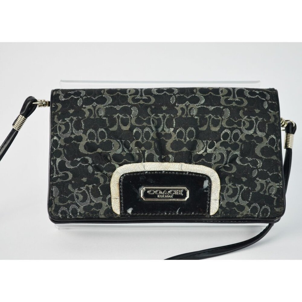 Coach Signature Clutch Wallet Black Silver Detail Crossbody Bag Removable Strap - Picture 2 of 8